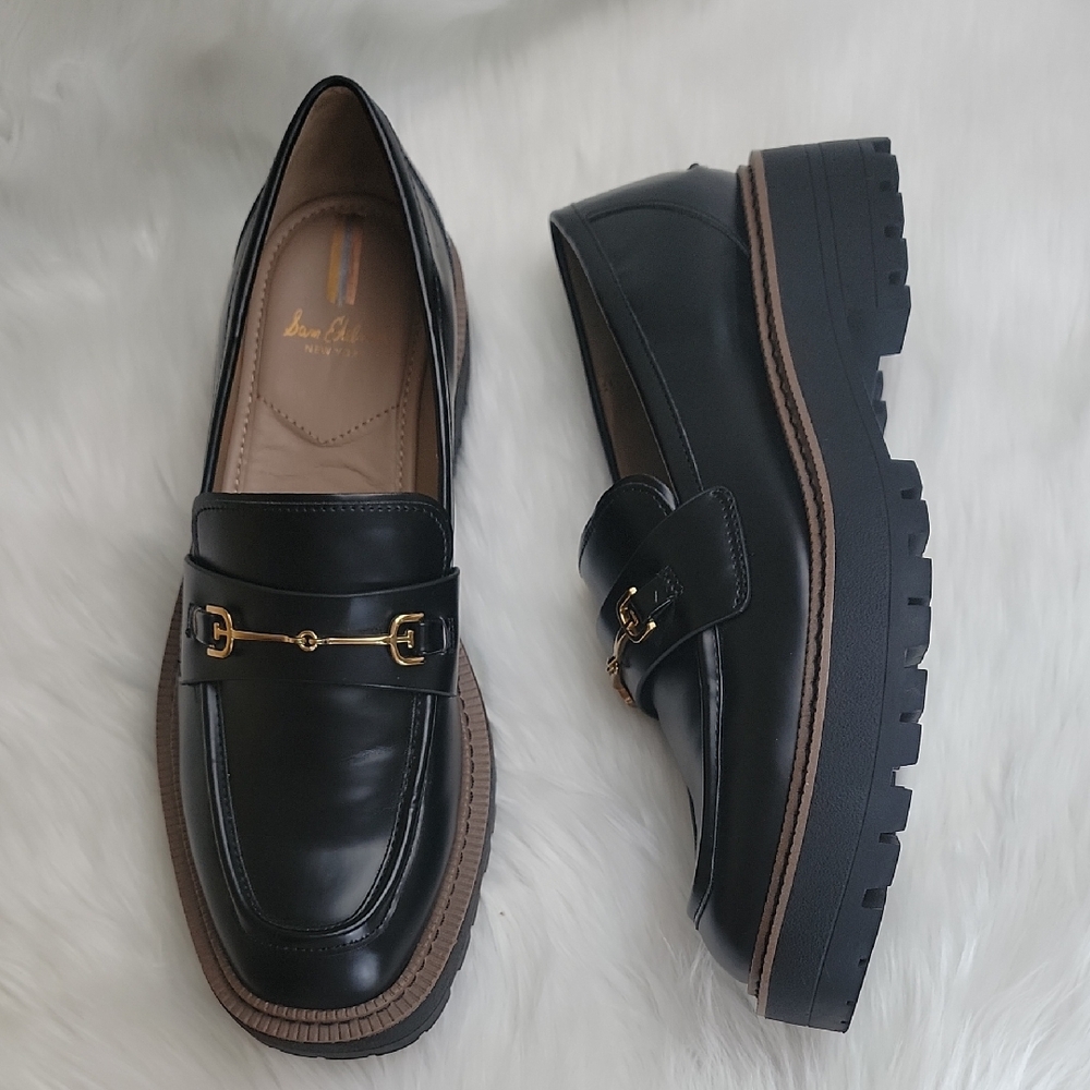 SAM EDELMAN Laurs Lug Black Faux Leather Chunky Horse Bit Preppy Punk Loafers 10